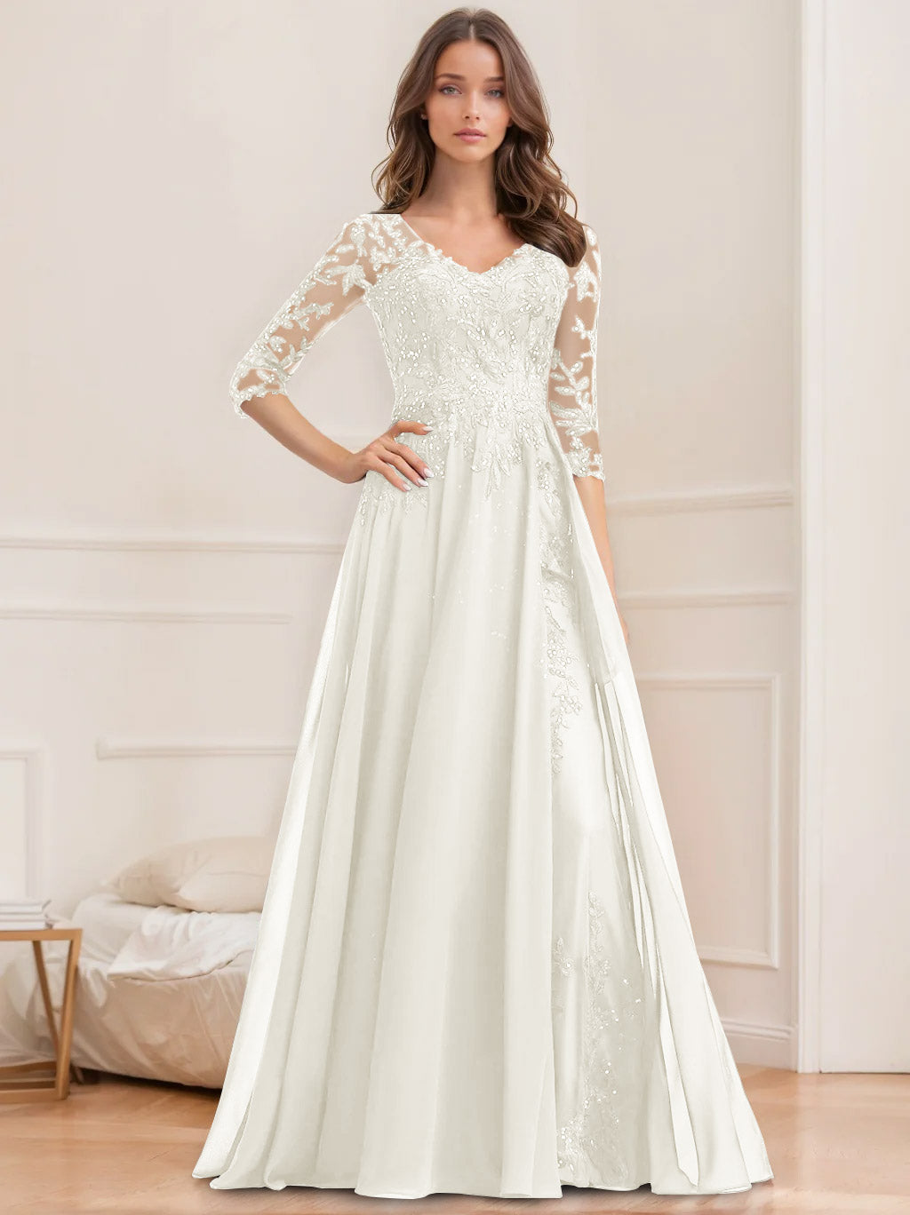 Robe de Mère de la Mariée Coupe A-Line/Princesse, Col en V, Manches Mi-Longues, Longueur Au Sol, avec Paillettes