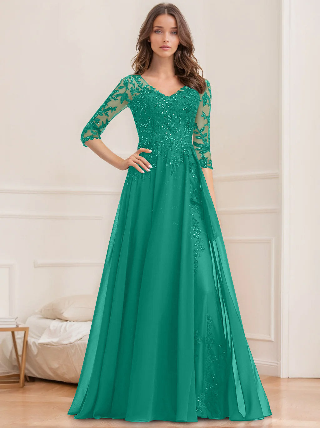Robe de Mère de la Mariée Coupe A-Line/Princesse, Col en V, Manches Mi-Longues, Longueur Au Sol, avec Paillettes