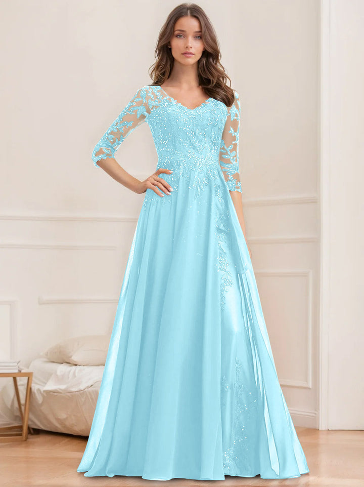 Robe de Mère de la Mariée Coupe A-Line/Princesse, Col en V, Manches Mi-Longues, Longueur Au Sol, avec Paillettes