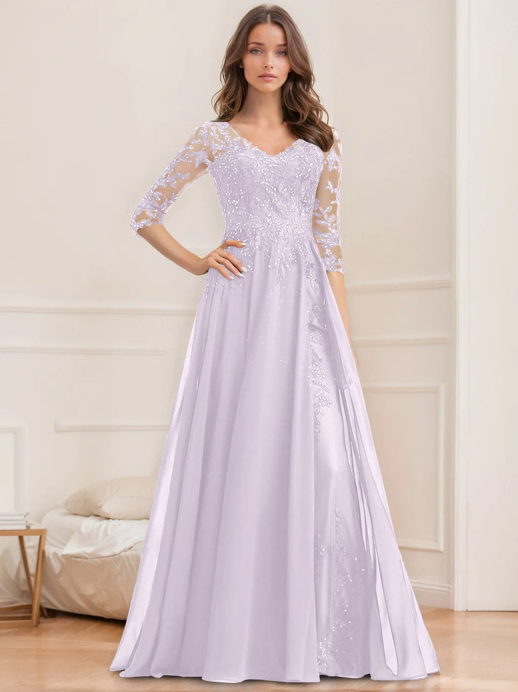 Robe de Mère de la Mariée Coupe A-Line/Princesse, Col en V, Manches Mi-Longues, Longueur Au Sol, avec Paillettes