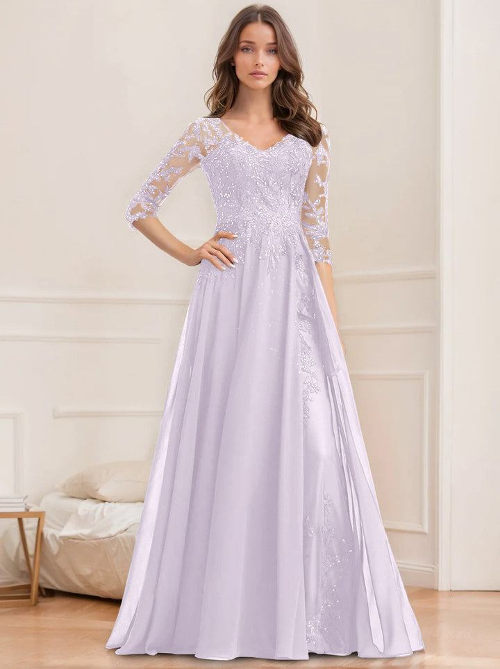 Robe de Mère de la Mariée Coupe A-Line/Princesse, Col en V, Manches Mi-Longues, Longueur Au Sol, avec Paillettes