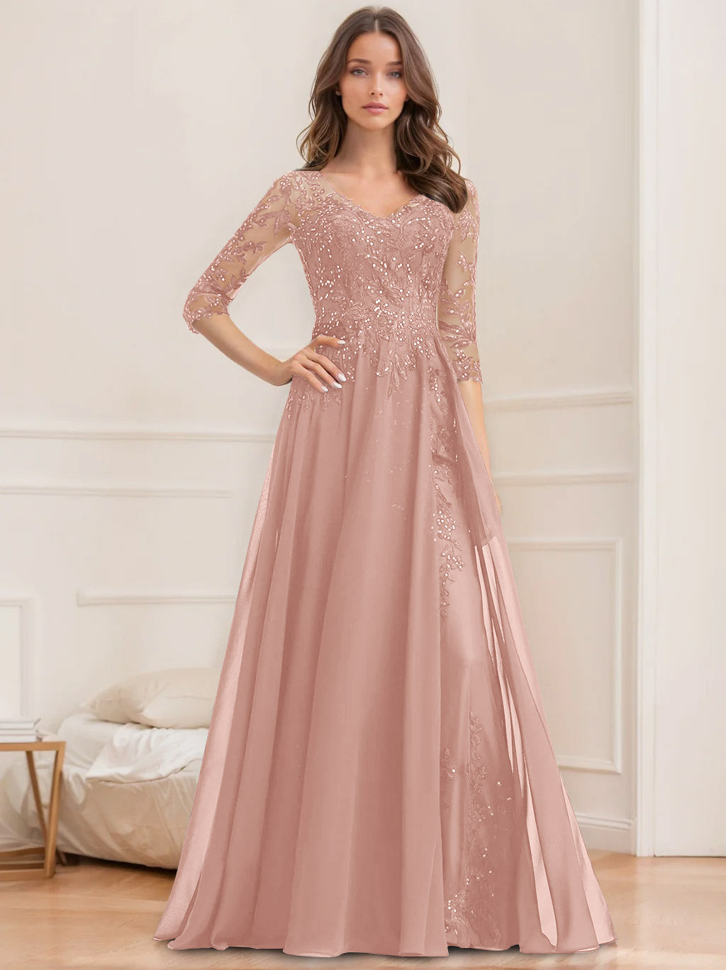 Robe de Mère de la Mariée Coupe A-Line/Princesse, Col en V, Manches Mi-Longues, Longueur Au Sol, avec Paillettes