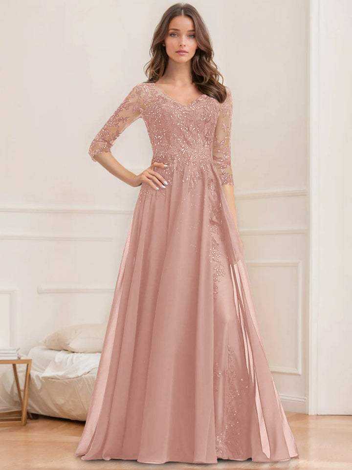 Robe de Mère de la Mariée Coupe A-Line/Princesse, Col en V, Manches Mi-Longues, Longueur Au Sol, avec Paillettes