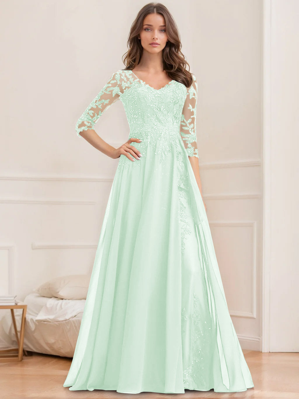 Robe de Mère de la Mariée Coupe A-Line/Princesse, Col en V, Manches Mi-Longues, Longueur Au Sol, avec Paillettes
