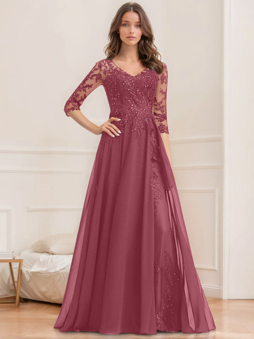 Robe de Mère de la Mariée Coupe A-Line/Princesse, Col en V, Manches Mi-Longues, Longueur Au Sol, avec Paillettes