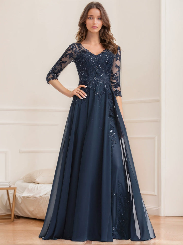 Robe de Mère de la Mariée Coupe A-Line/Princesse, Col en V, Manches Mi-Longues, Longueur Au Sol, avec Paillettes