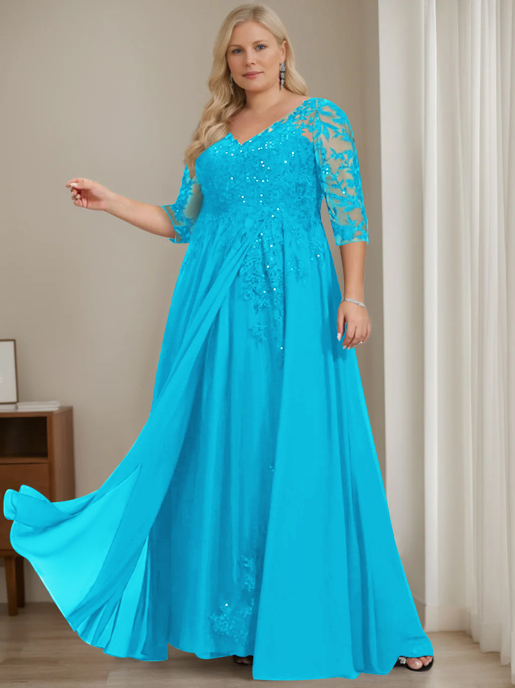 Robe de Mère de la Mariée Grande Taille, Coupe A-Line/Princess, Col en V, Manches Mi-Longues, Longueur Au Sol, avec Paillettes