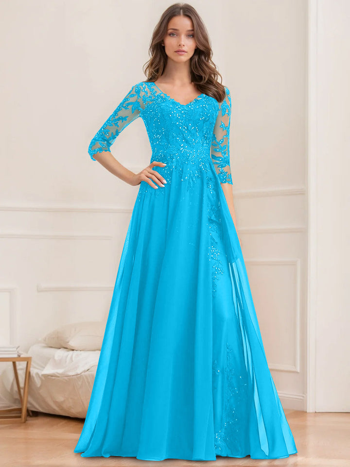 Robe de Mère de la Mariée Coupe A-Line/Princesse, Col en V, Manches Mi-Longues, Longueur Au Sol, avec Paillettes