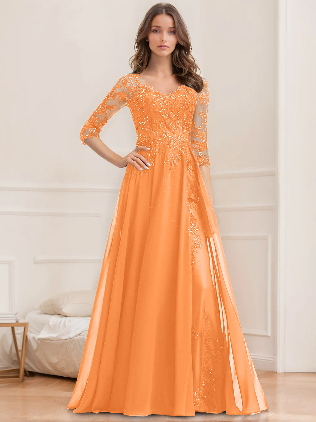 Robe de Mère de la Mariée Coupe A-Line/Princesse, Col en V, Manches Mi-Longues, Longueur Au Sol, avec Paillettes