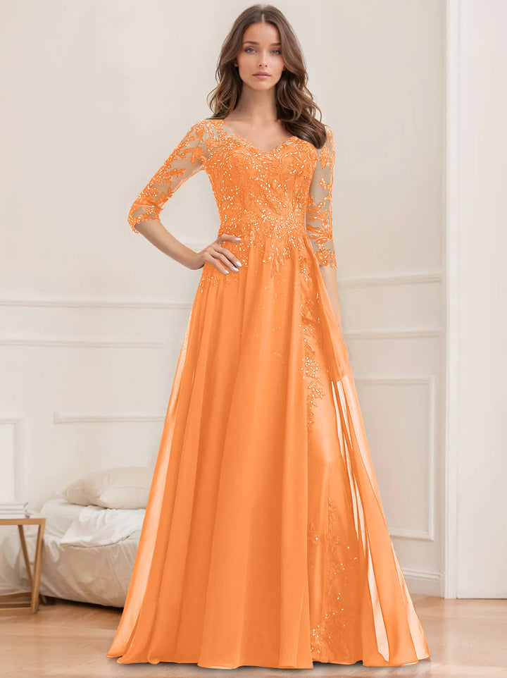 Robe de Mère de la Mariée Coupe A-Line/Princesse, Col en V, Manches Mi-Longues, Longueur Au Sol, avec Paillettes