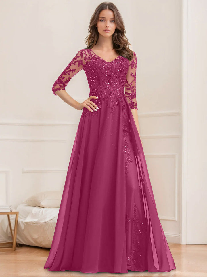 Robe de Mère de la Mariée Coupe A-Line/Princesse, Col en V, Manches Mi-Longues, Longueur Au Sol, avec Paillettes