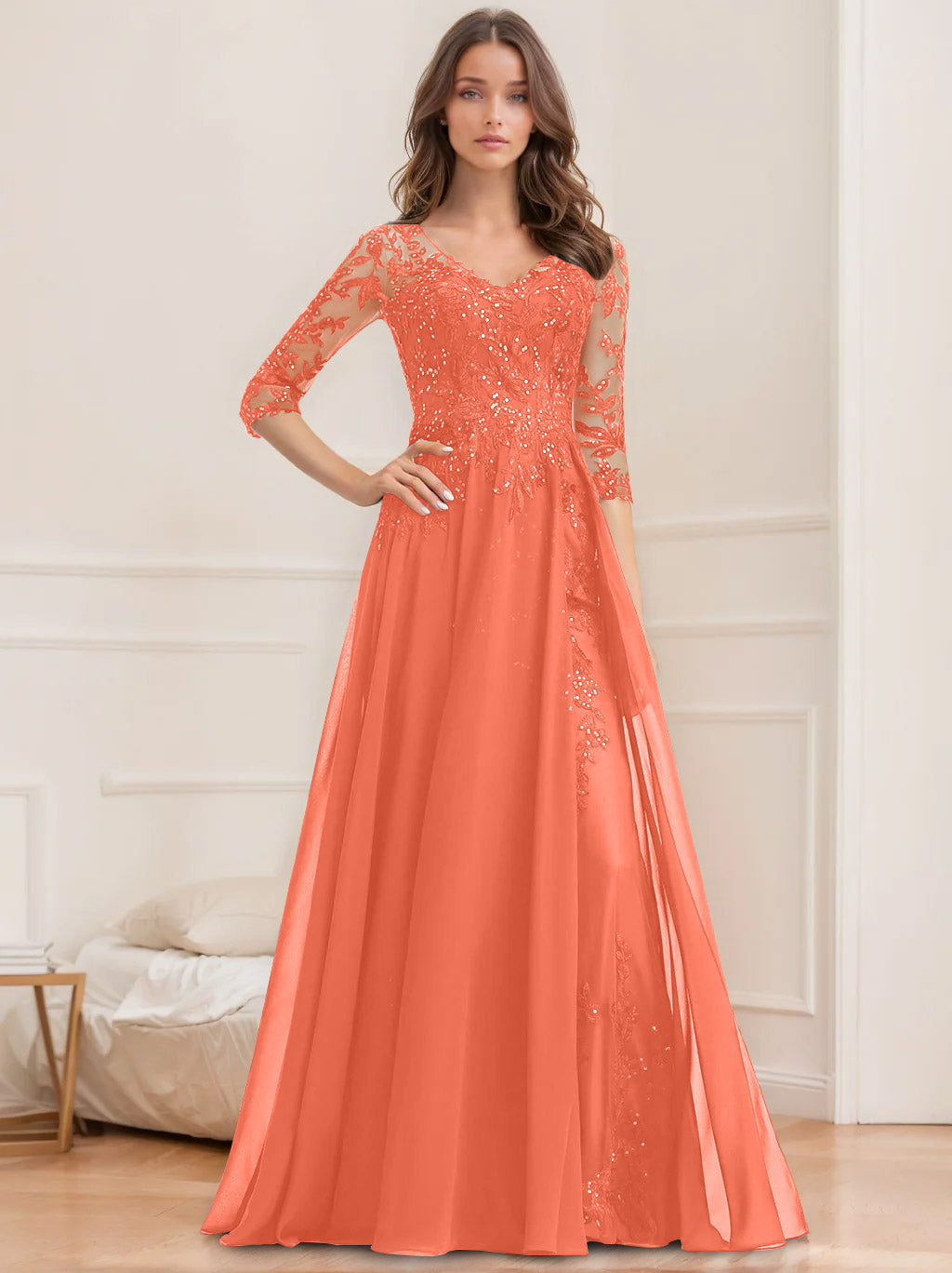 Robe de Mère de la Mariée Coupe A-Line/Princesse, Col en V, Manches Mi-Longues, Longueur Au Sol, avec Paillettes