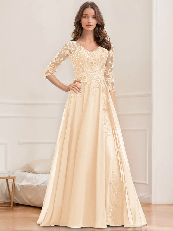Robe de Mère de la Mariée Coupe A-Line/Princesse, Col en V, Manches Mi-Longues, Longueur Au Sol, avec Paillettes