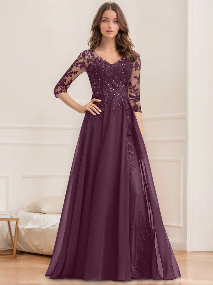 Robe de Mère de la Mariée Coupe A-Line/Princesse, Col en V, Manches Mi-Longues, Longueur Au Sol, avec Paillettes