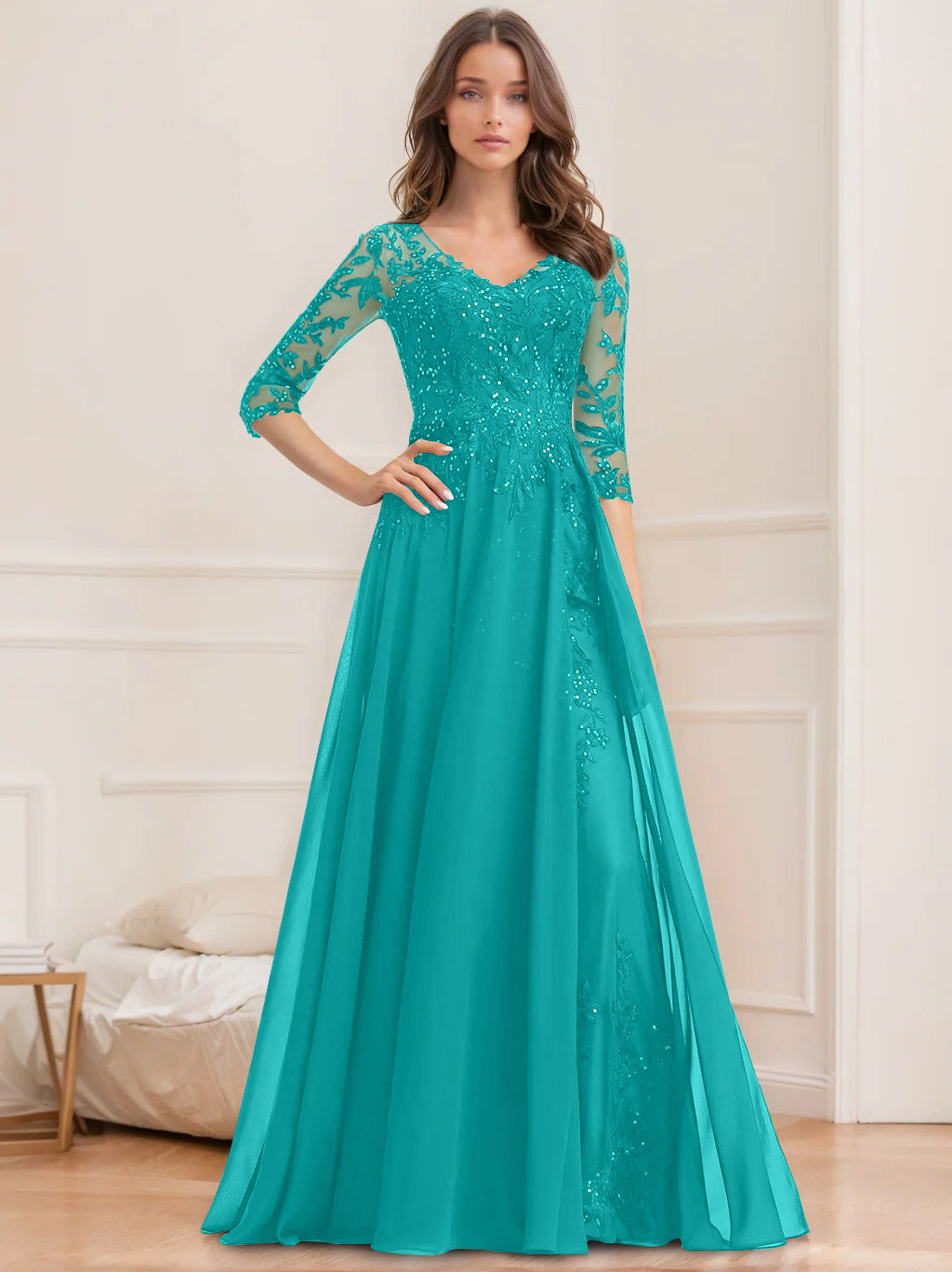 Robe de Mère de la Mariée Coupe A-Line/Princesse, Col en V, Manches Mi-Longues, Longueur Au Sol, avec Paillettes