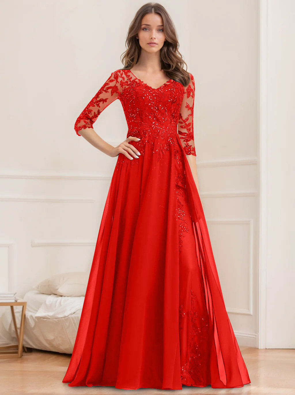 Robe de Mère de la Mariée Coupe A-Line/Princesse, Col en V, Manches Mi-Longues, Longueur Au Sol, avec Paillettes