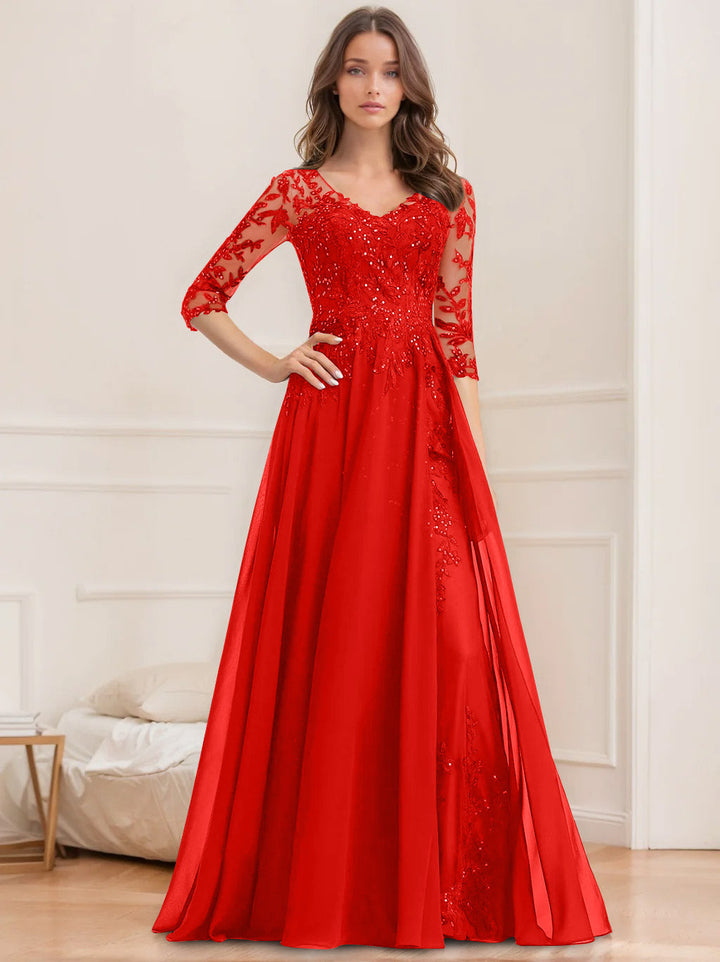 Robe de Mère de la Mariée Coupe A-Line/Princesse, Col en V, Manches Mi-Longues, Longueur Au Sol, avec Paillettes
