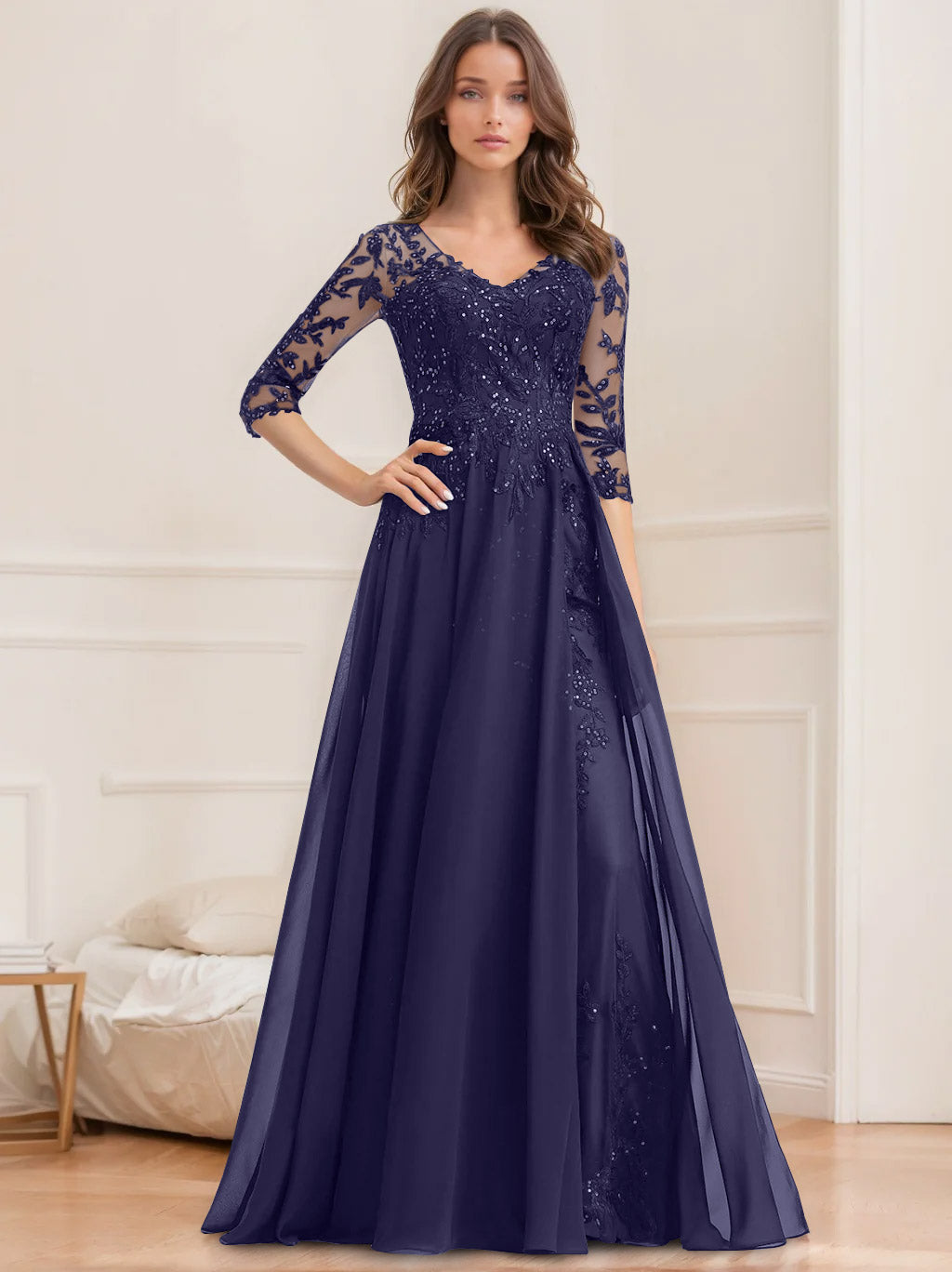 Robe de Mère de la Mariée Coupe A-Line/Princesse, Col en V, Manches Mi-Longues, Longueur Au Sol, avec Paillettes