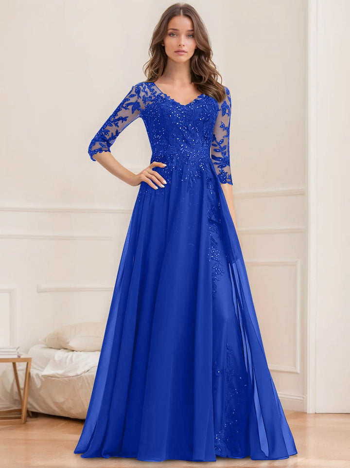 Robe de Mère de la Mariée Coupe A-Line/Princesse, Col en V, Manches Mi-Longues, Longueur Au Sol, avec Paillettes