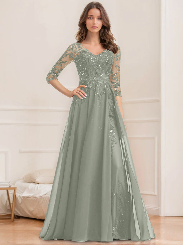 Robe de Mère de la Mariée Coupe A-Line/Princesse, Col en V, Manches Mi-Longues, Longueur Au Sol, avec Paillettes