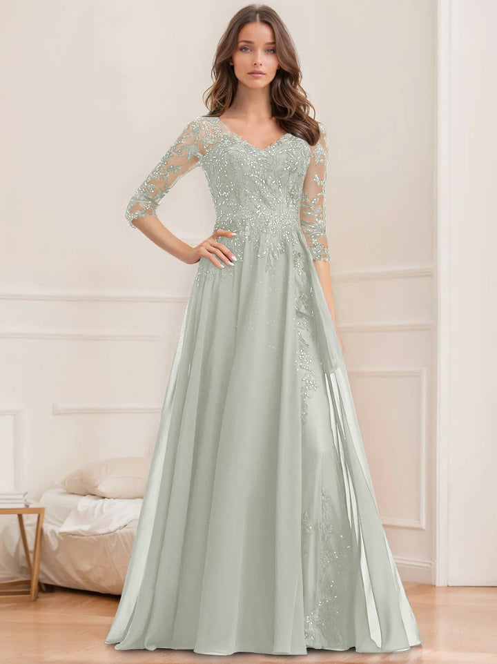 Robe de Mère de la Mariée Coupe A-Line/Princesse, Col en V, Manches Mi-Longues, Longueur Au Sol, avec Paillettes
