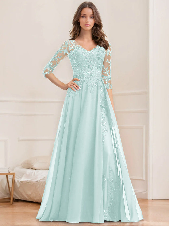 Robe de Mère de la Mariée Coupe A-Line/Princesse, Col en V, Manches Mi-Longues, Longueur Au Sol, avec Paillettes