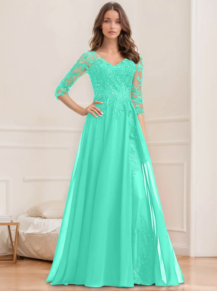 Robe de Mère de la Mariée Coupe A-Line/Princesse, Col en V, Manches Mi-Longues, Longueur Au Sol, avec Paillettes