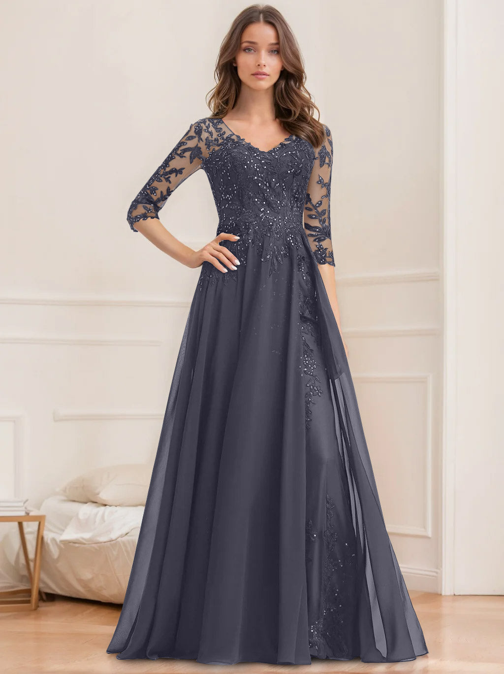 Robe de Mère de la Mariée Coupe A-Line/Princesse, Col en V, Manches Mi-Longues, Longueur Au Sol, avec Paillettes