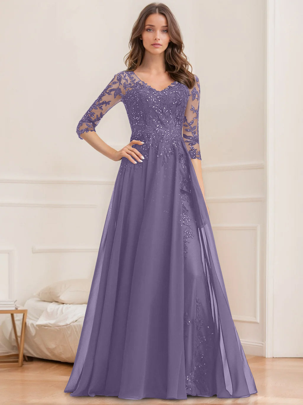 Robe de Mère de la Mariée Coupe A-Line/Princesse, Col en V, Manches Mi-Longues, Longueur Au Sol, avec Paillettes