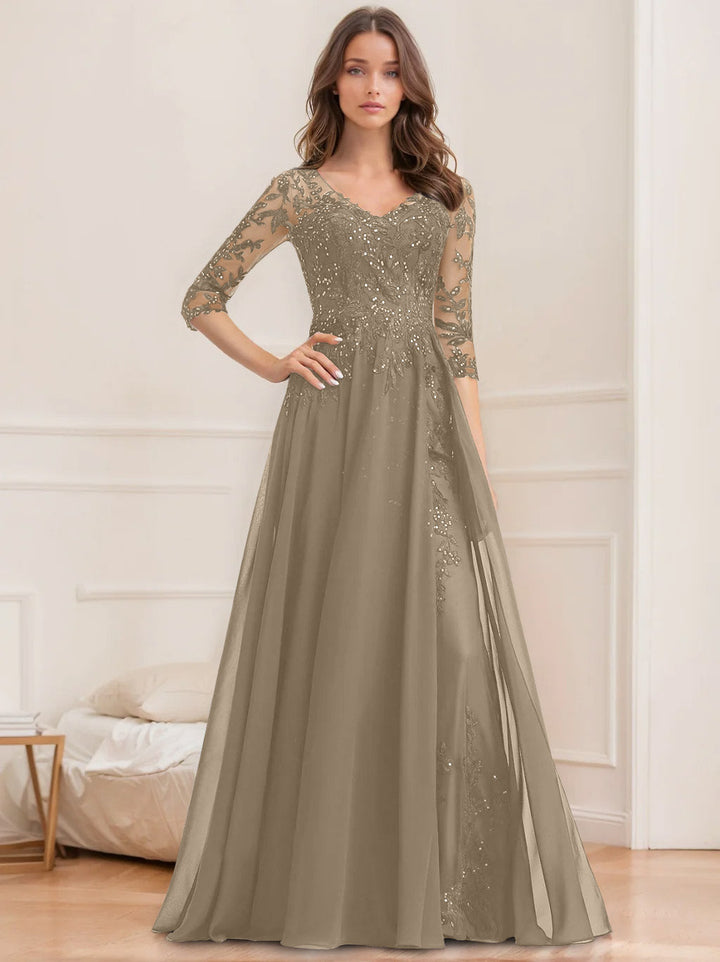 Robe de Mère de la Mariée Coupe A-Line/Princesse, Col en V, Manches Mi-Longues, Longueur Au Sol, avec Paillettes