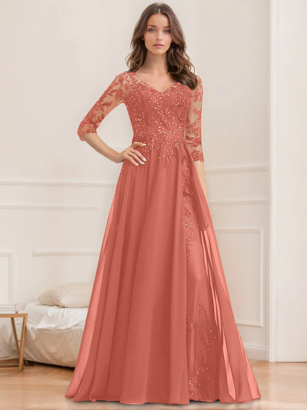 Robe de Mère de la Mariée Coupe A-Line/Princesse, Col en V, Manches Mi-Longues, Longueur Au Sol, avec Paillettes