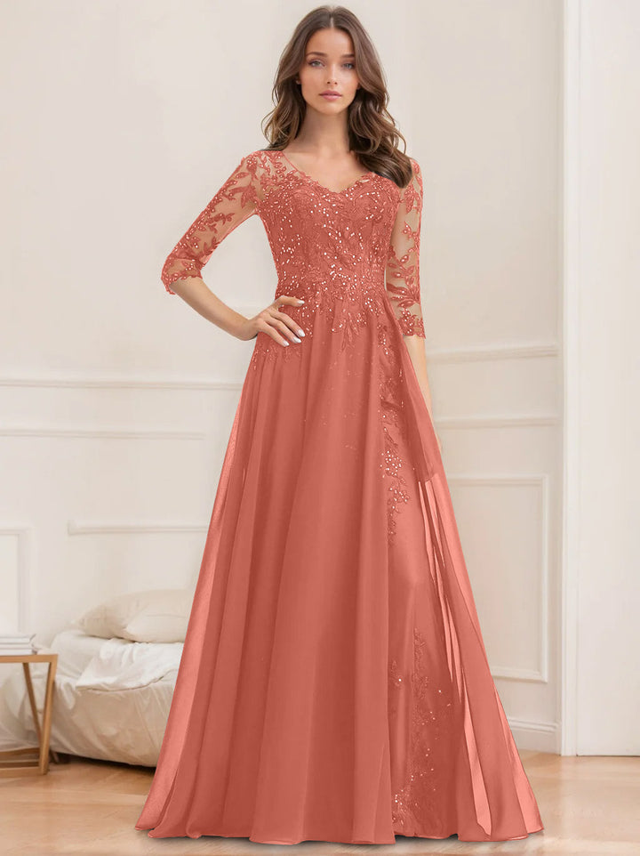 Robe de Mère de la Mariée Coupe A-Line/Princesse, Col en V, Manches Mi-Longues, Longueur Au Sol, avec Paillettes