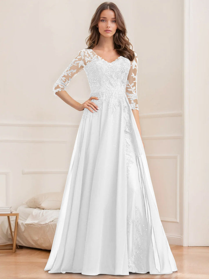 Robe de Mère de la Mariée Coupe A-Line/Princesse, Col en V, Manches Mi-Longues, Longueur Au Sol, avec Paillettes