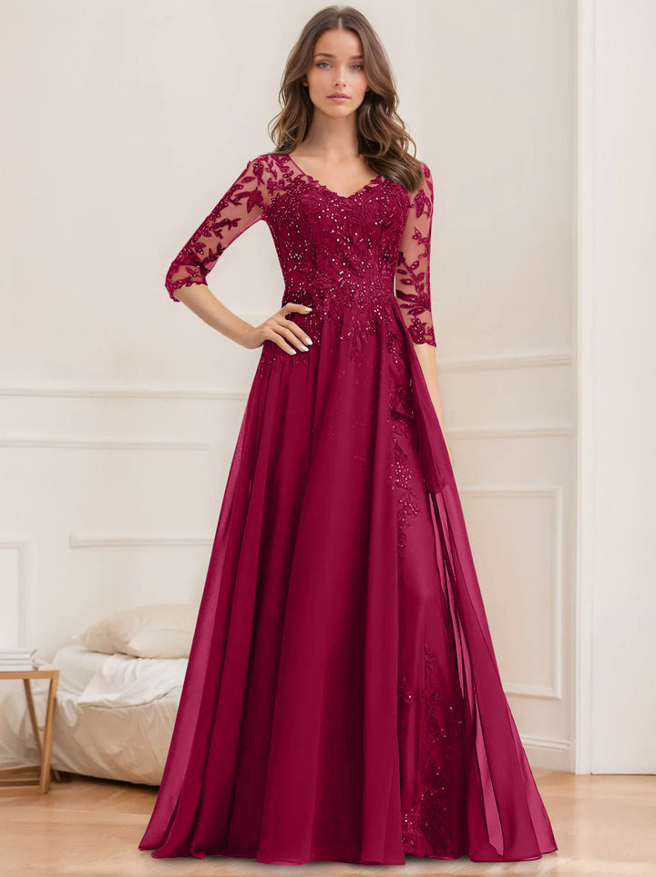 Robe de Mère de la Mariée Coupe A-Line/Princesse, Col en V, Manches Mi-Longues, Longueur Au Sol, avec Paillettes