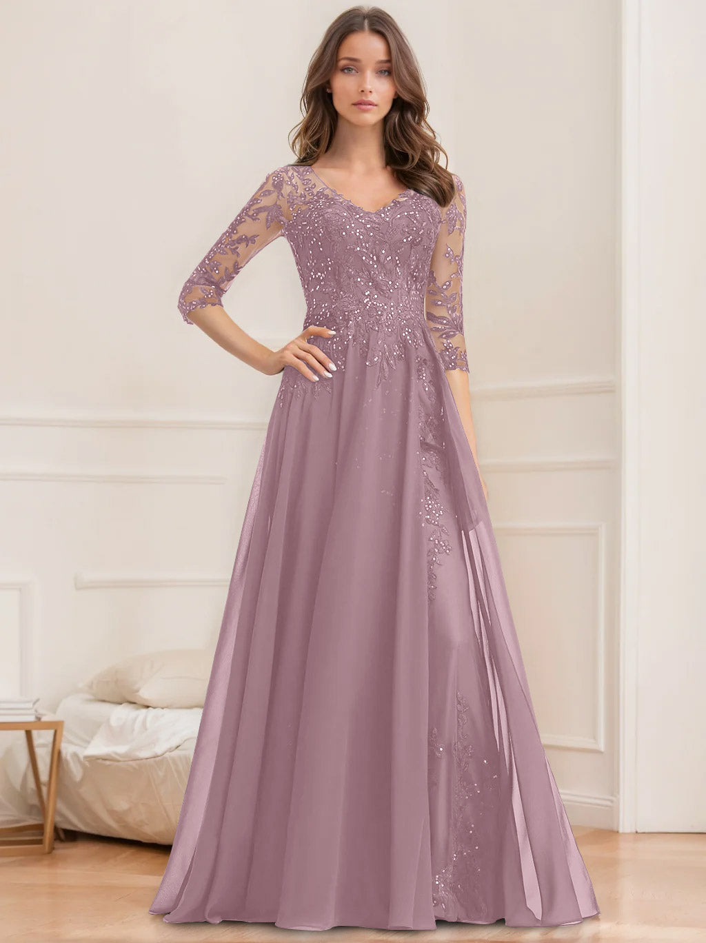 Robe de Mère de la Mariée Coupe A-Line/Princesse, Col en V, Manches Mi-Longues, Longueur Au Sol, avec Paillettes
