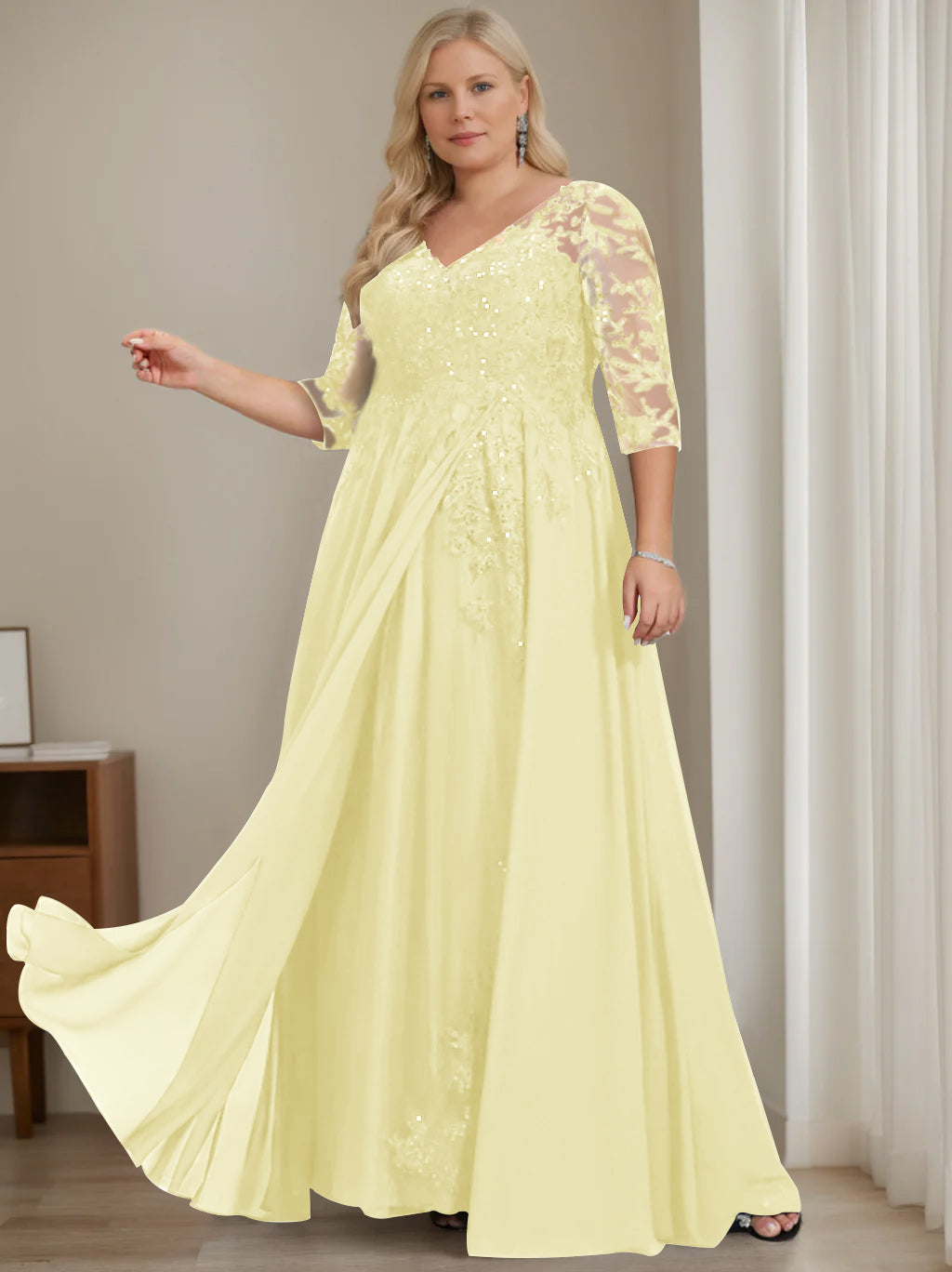 Robe de Mère de la Mariée Grande Taille, Coupe A-Line/Princess, Col en V, Manches Mi-Longues, Longueur Au Sol, avec Paillettes