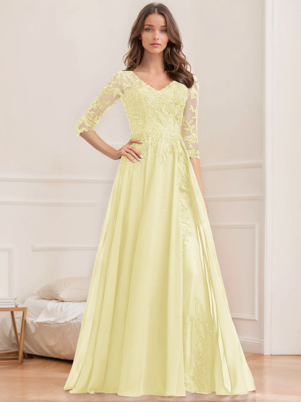 Robe de Mère de la Mariée Coupe A-Line/Princesse, Col en V, Manches Mi-Longues, Longueur Au Sol, avec Paillettes