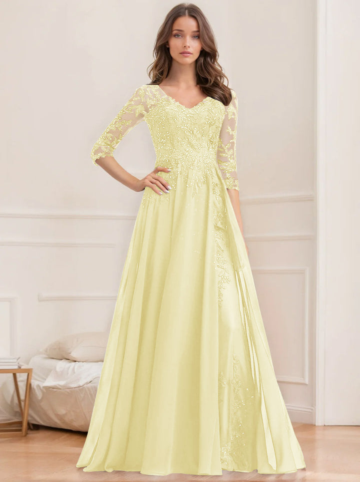 Robe de Mère de la Mariée Coupe A-Line/Princesse, Col en V, Manches Mi-Longues, Longueur Au Sol, avec Paillettes