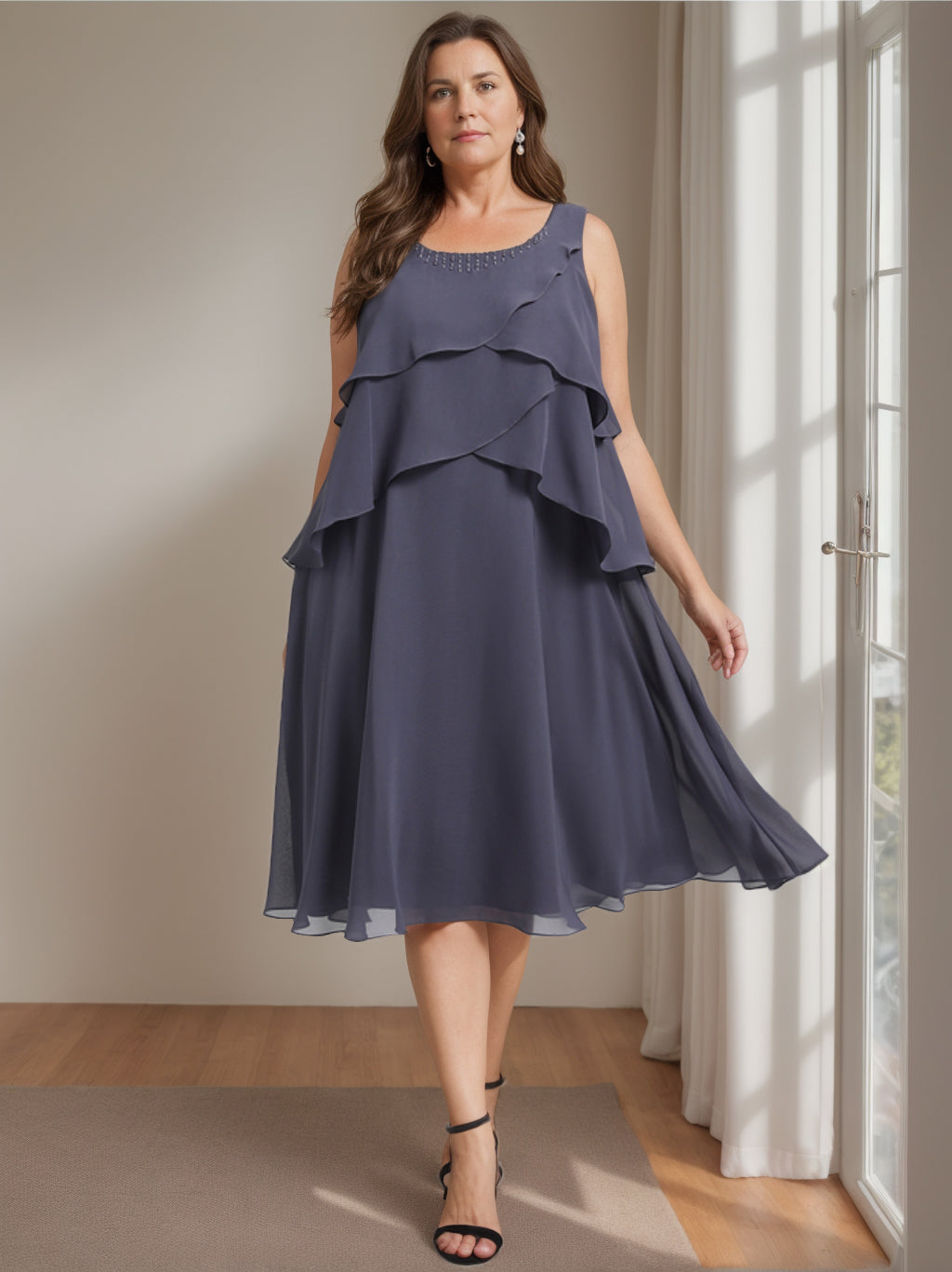 Robe de Mère de la Mariée Grande Taille, Coupe A-Line/Princess, Sans Manches, Longueur Genou, avec Perles