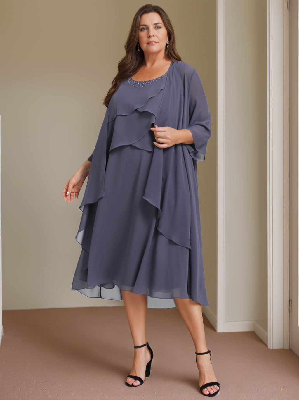 Robe de Mère de la Mariée Grande Taille, Coupe A-Line/Princess, Sans Manches, Longueur Genou, avec Perles