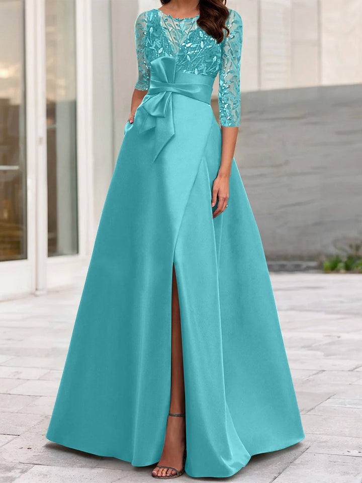Robe de Mère de la Mariée Coupe A-Line/Princess à Encolure Illusion et Manches 3/4 avec Fente Sur le Côté