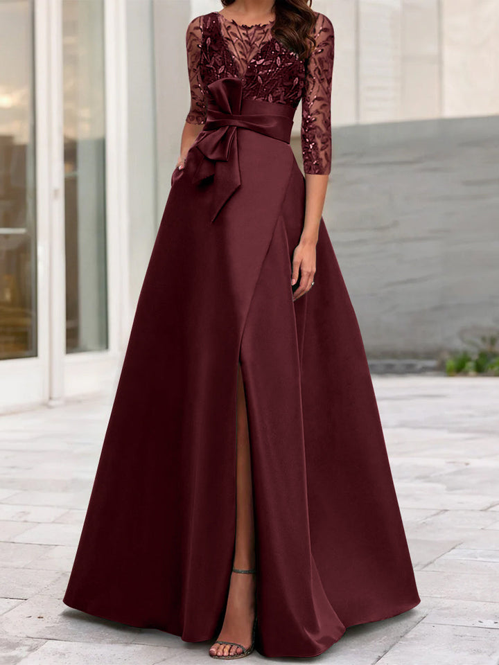 Robe de Mère de la Mariée Coupe A-Line/Princess à Encolure Illusion et Manches 3/4 avec Fente Sur le Côté