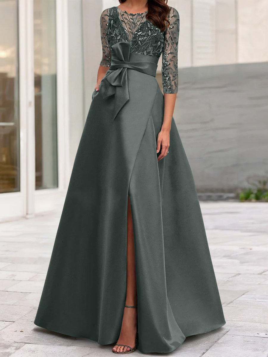 Robe de Mère de la Mariée Coupe A-Line/Princess à Encolure Illusion et Manches 3/4 avec Fente Sur le Côté