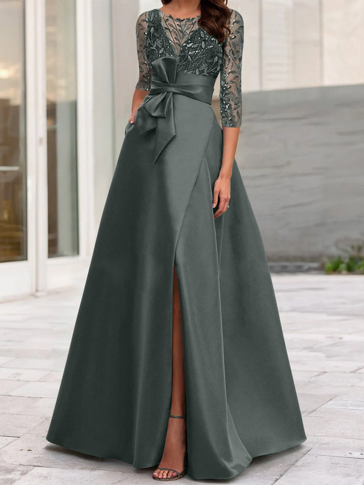 Robe de Mère de la Mariée Coupe A-Line/Princess à Encolure Illusion et Manches 3/4 avec Fente Sur le Côté
