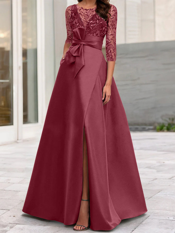 Robe de Mère de la Mariée Coupe A-Line/Princess à Encolure Illusion et Manches 3/4 avec Fente Sur le Côté