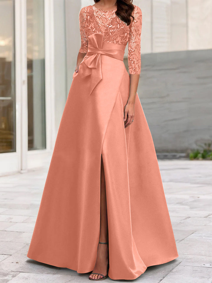 Robe de Mère de la Mariée Coupe A-Line/Princess à Encolure Illusion et Manches 3/4 avec Fente Sur le Côté
