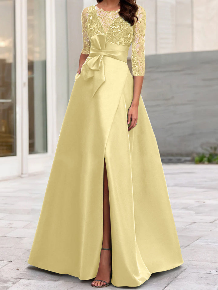 Robe de Mère de la Mariée Coupe A-Line/Princess à Encolure Illusion et Manches 3/4 avec Fente Sur le Côté