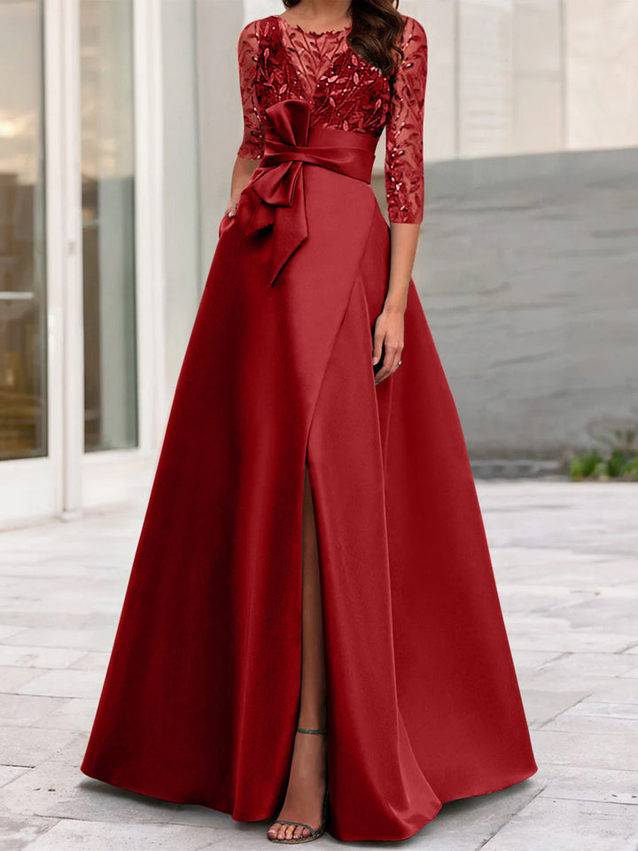 Robe de Mère de la Mariée Coupe A-Line/Princess à Encolure Illusion et Manches 3/4 avec Fente Sur le Côté
