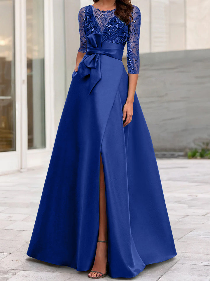 Robe de Mère de la Mariée Coupe A-Line/Princess à Encolure Illusion et Manches 3/4 avec Fente Sur le Côté