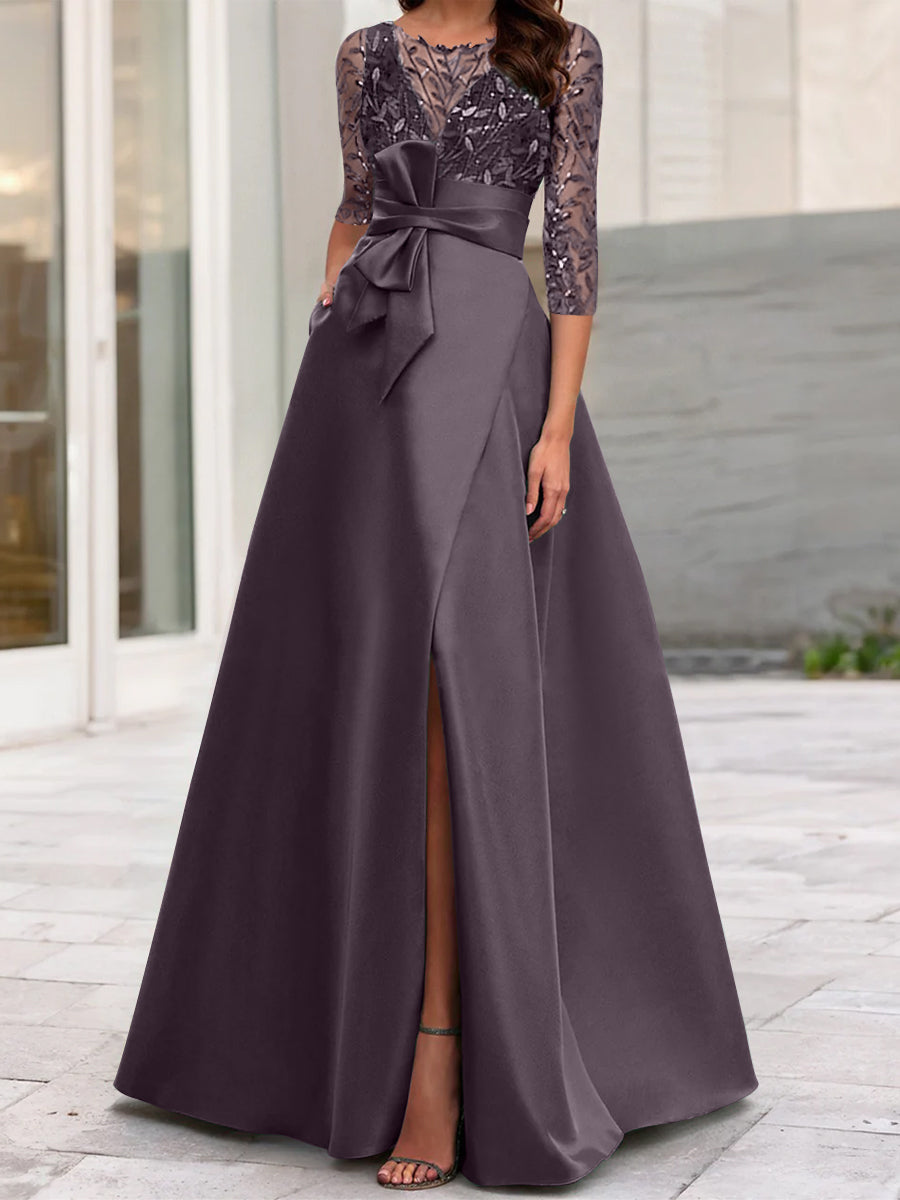 Robe de Mère de la Mariée Coupe A-Line/Princess à Encolure Illusion et Manches 3/4 avec Fente Sur le Côté